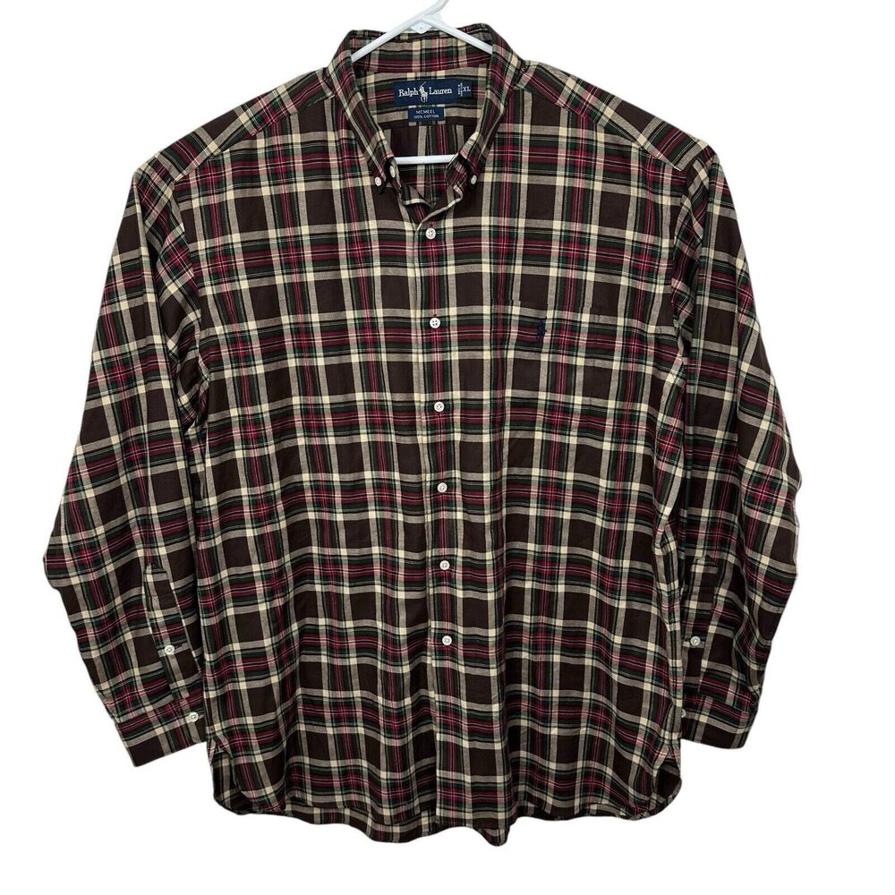 Polo Ralph Lauren Plaid Button Front Shirt Long Sleeve Autumn Mens Size XL Brown